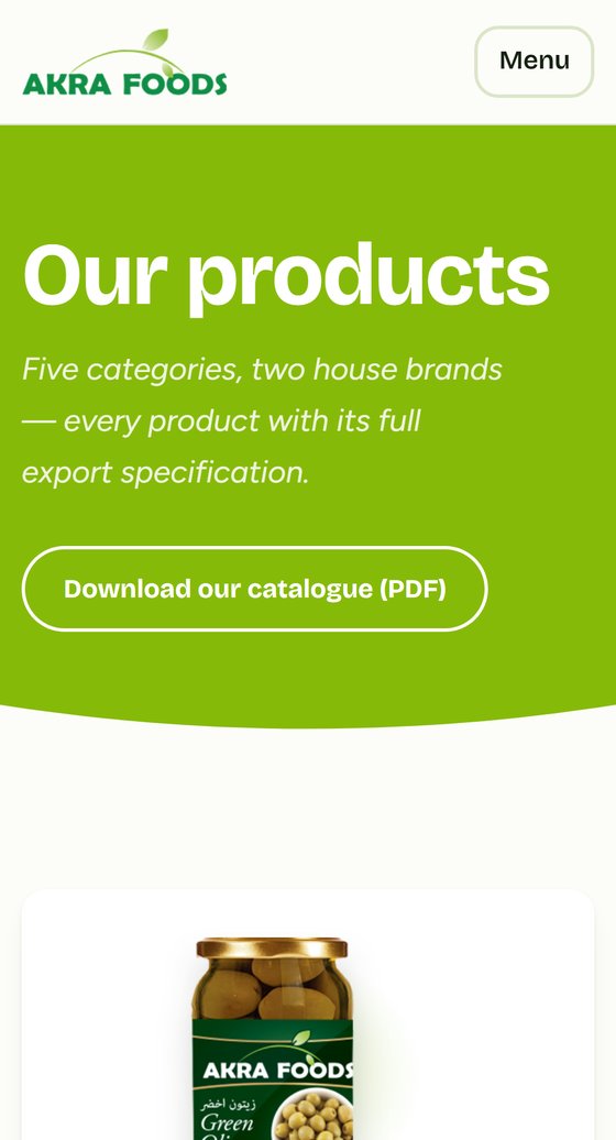 Akra Foods — web rediseñada, en móvil